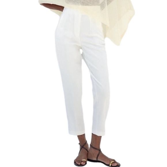 ZARA High Waist Pleated Trouser Pants off white size Medium - Picture 1 of 8